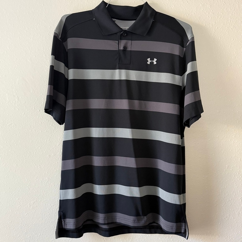 Under Armour Mens HeatGear Loose Fit Striped Polo Shirt Black Grey MD